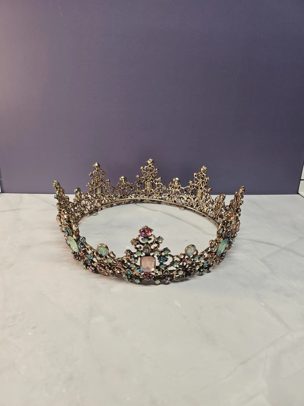Gold-Tone Crystal Flower Tiara Crown — Pink & Aqua Accents
